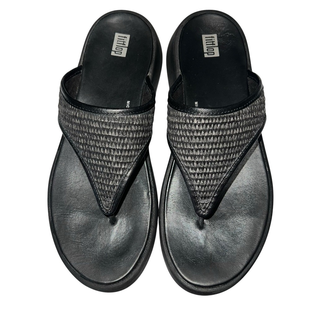 FitFlop F-Mode Woven Flatform Toe Post Sandal Black Women's Sz 9 Comfort Shoe